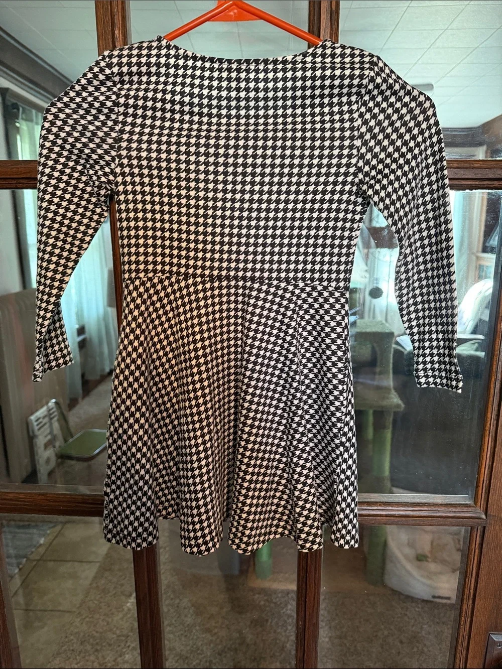 Old Navy Kid Black White Houndstooth Long Sleeve Fit Flare Pocket Dress XS 5 NWT